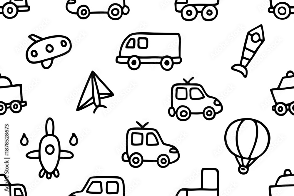 Fototapeta premium Seamless black and white doodle pattern of various vehicles and transportation modes 1