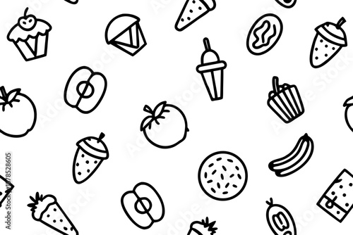 Seamless black and white doodle pattern of various food on a white background