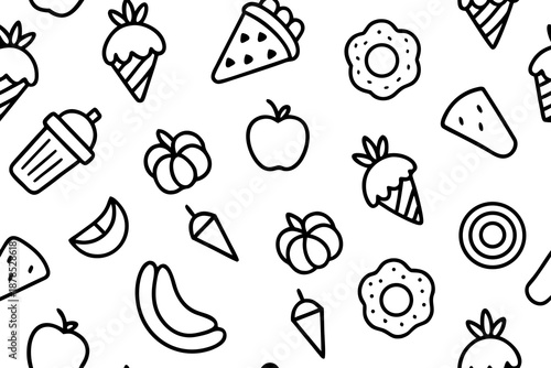 Seamless black and white doodle pattern of various food on a white background 1
