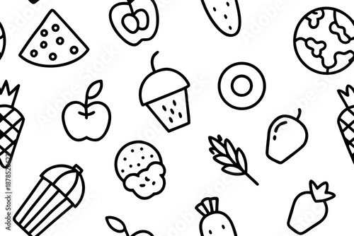 Seamless black and white doodle pattern of various food