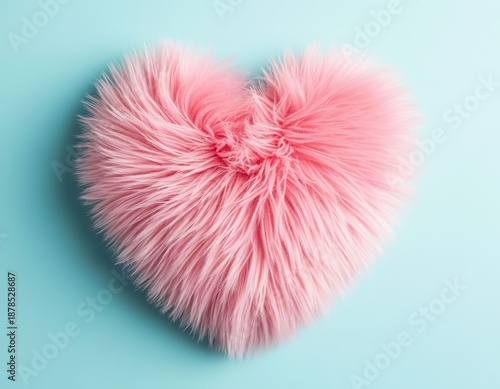 Pink fur heart on a blue background. Valentine's Day card.