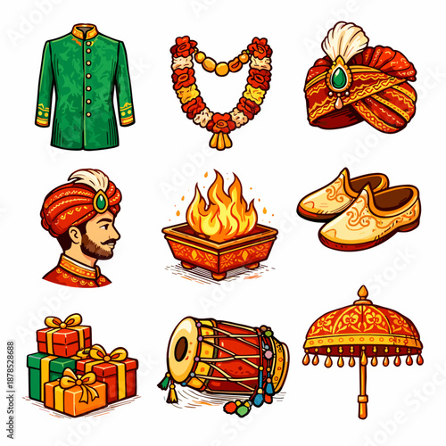 Indian Groom Cartoon Vector Clipart. Traditional Hindu Wedding Items Illustration. Sherwani, Turban, Sacred Fire, and Dhol Drum. Festive Marriage Celebration Icons.