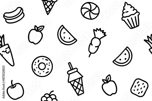 Seamless black and white food themed doodle pattern with fruits and desserts seamless pattern food doodles