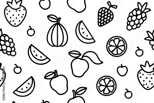 Seamless black and white fruit themed doodle pattern with apples watermelons grapes and oranges