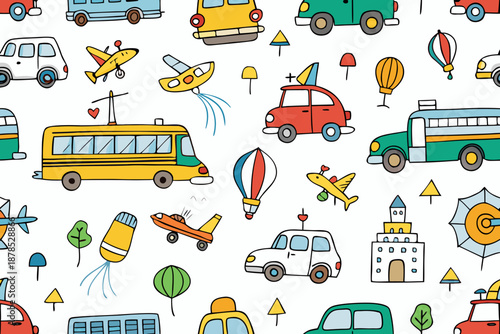 Seamless pattern of colorful kids vehicles and travel doodles including cars buses airplanes and hot air balloons