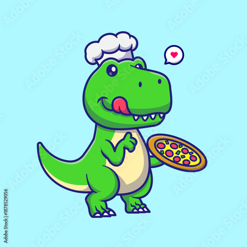 Cute Dino Chef Cooking Pizza Cartoon 