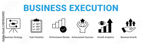 Business Execution web banner icon concept,  with Business Strategy, Task Checklist, Performance Review, Achievement Success, Growth Analytics, Revenue Growth.