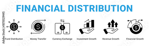 Financial Distribution web banner icon concept,  with Fund Distribution, Money Transfer, Currency Exchange, Investment Growth, Revenue Growth, Financial Growth.