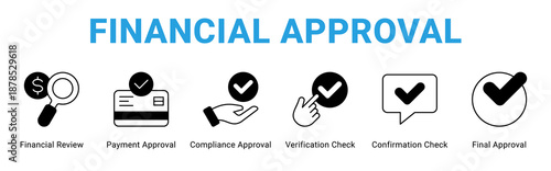 Financial Approval web banner icon concept,  with Financial Review, Payment Approval, Compliance Approval, Verification Check, Confirmation Check, Final Approva.