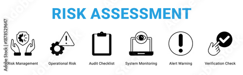 Risk Assessment web banner icon concept,  with Risk Management, Operational Risk, Audit Checklist, System Monitoring, Alert Warning, Verification Check.