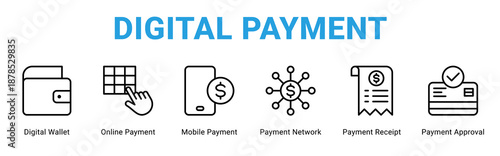 Digital Payment web banner icon concept,  with Digital Wallet, Online Payment, Mobile Payment, Payment Network, Payment Receipt, Payment Approva.