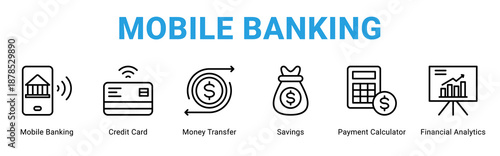 Mobile Banking web banner icon concept,  with Mobile Banking, Credit Card, Money Transfer, Savings, Payment Calculator, Financial Analyti.