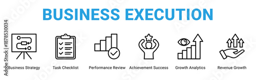 Business Execution web banner icon concept,  with Business Strategy, Task Checklist, Performance Review, Achievement Success, Growth Analytics, Revenue Growth.