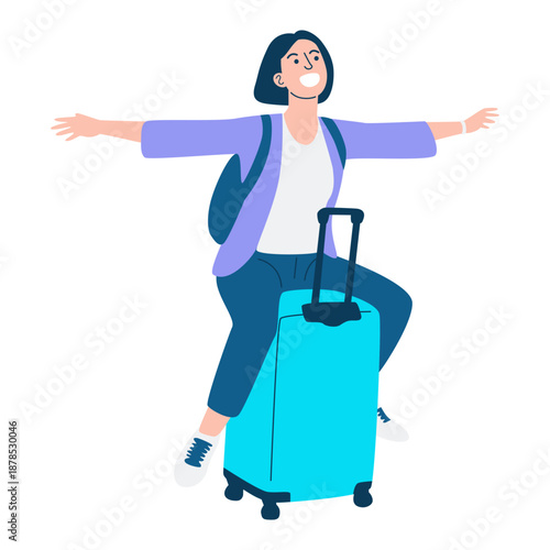 Joyful woman traveler sitting astride a rolling suitcase with arms open