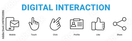 Digital Interaction web banner icon concept,  with Mobile, Touch, Click, Profile, Like, Share.