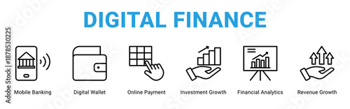 Digital Finance web banner icon concept,  with Mobile Banking, Digital Wallet, Online Payment, Investment Growth, Financial Analytics, Revenue Growth.