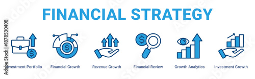 Financial Strategy web banner icon concept,  with Investment Portfolio, Financial Growth, Revenue Growth, Financial Review, Growth Analytics, Investm.