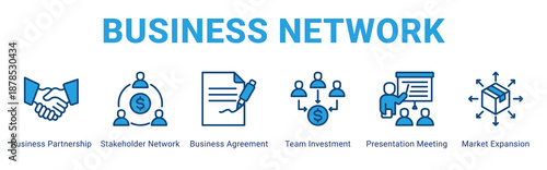 Business Network web banner icon concept,  with Business Partnership, Stakeholder Network, Business Agreement, Team Investment, Presentation Meeting, Market.