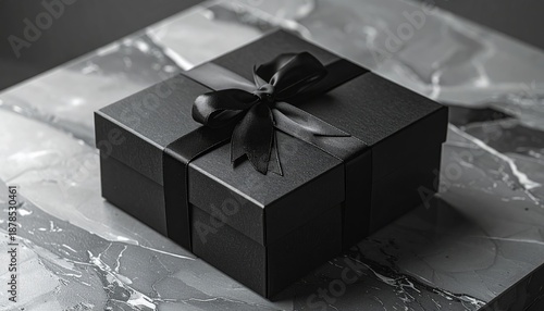 Gift Black box with satin ribbon, marble surface