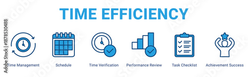 Time Efficiency web banner icon concept,  with Time Management, Schedule, Time Verification, Performance Review, Task Checklist, Achieve.
