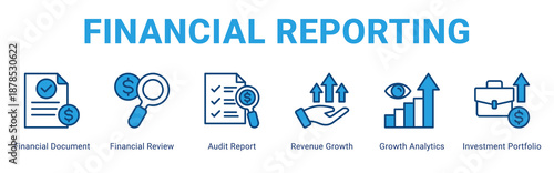 Financial Reporting web banner icon concept,  with Financial Document, Financial Review, Audit Report, Revenue Growth, Growth Analytics, Investment Portfol.