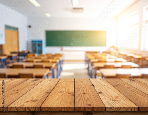 Classroom vista with wood table foreground