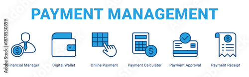 Payment Management web banner icon concept,  with Financial Manager, Digital Wallet, Online Payment, Payment Calculator, Payment Approval, Payment Receipt.