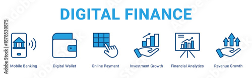 Digital Finance web banner icon concept,  with Mobile Banking, Digital Wallet, Online Payment, Investment Growth, Financial Analytics, Revenue Growth.