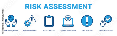 Risk Assessment web banner icon concept,  with Risk Management, Operational Risk, Audit Checklist, System Monitoring, Alert Warning, Verification Check.