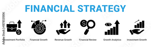 Financial Strategy web banner icon concept,  with Investment Portfolio, Financial Growth, Revenue Growth, Financial Review, Growth Analytics, Investm.