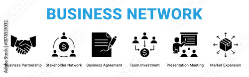 Business Network web banner icon concept,  with Business Partnership, Stakeholder Network, Business Agreement, Team Investment, Presentation Meeting, Market.
