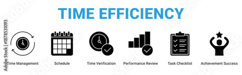 Time Efficiency web banner icon concept,  with Time Management, Schedule, Time Verification, Performance Review, Task Checklist, Achieve.