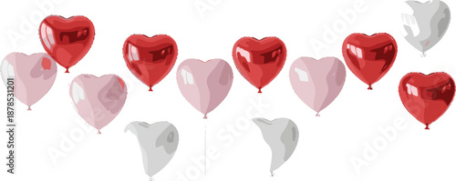 Heart shaped balloons in red pink and gray floating on white background heart balloons
