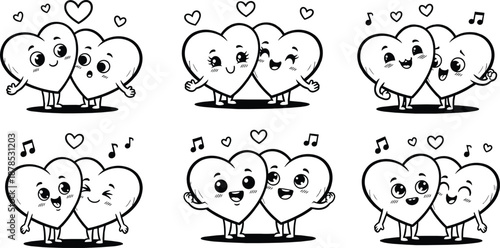Heart shaped cartoon characters in various poses with music notes and hearts black and white
