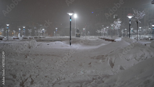 snowy cityscape, night snowfall, snowy parks and roads.