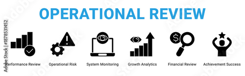 Operational Review web banner icon concept,  with Performance Review, Operational Risk, System Monitoring, Growth Analytics, Financial Review, Achievement Success.
