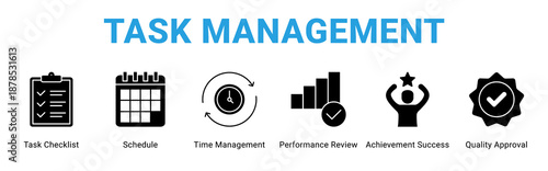 Task Management web banner icon concept,  with Task Checklist, Schedule, Time Management, Performance Review, Achievement Success, Quality Approva.