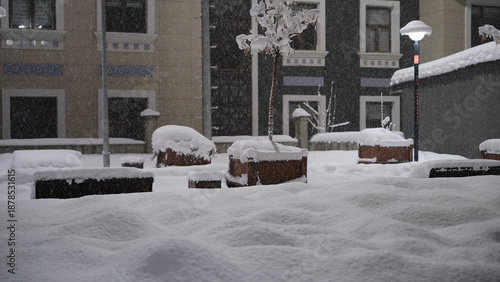 snowy cityscape, night snowfall, snowy parks and roads.