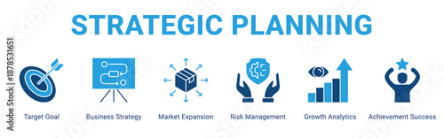 Strategic Planning web banner icon concept,  with Target Goal, Business Strategy, Market Expansion, Risk Management, Growth Analytics, Achieve.
