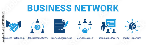 Business Network web banner icon concept,  with Business Partnership, Stakeholder Network, Business Agreement, Team Investment, Presentation Meeting, Market.