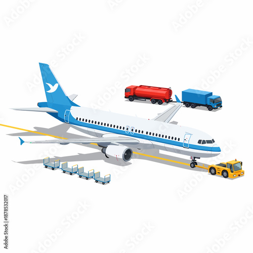 Airplane being towed by vehicles on airport tarmac with vehicles and equipment nearby in a transportation scene