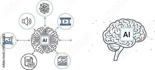 Conceptual illustration of artificial intelligence processing various data types including images sound video text and global network connections with a stylized brain