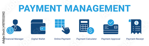 Payment Management web banner icon concept,  with Financial Manager, Digital Wallet, Online Payment, Payment Calculator, Payment Approval, Payment Receipt.