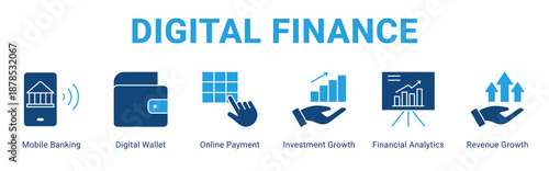 Digital Finance web banner icon concept,  with Mobile Banking, Digital Wallet, Online Payment, Investment Growth, Financial Analytics, Revenue Growth.