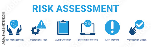 Risk Assessment web banner icon concept,  with Risk Management, Operational Risk, Audit Checklist, System Monitoring, Alert Warning, Verification Check.