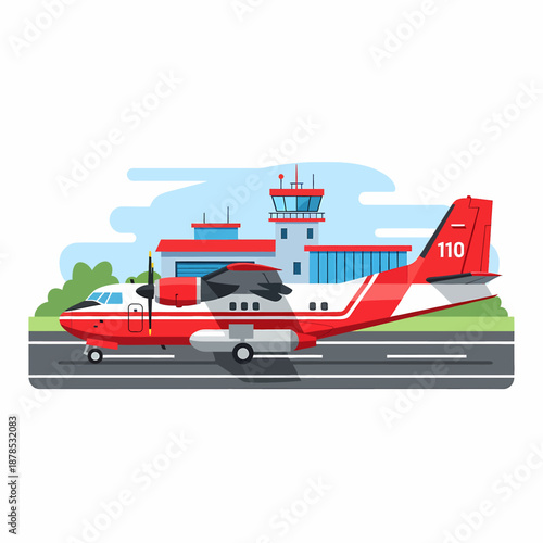 Airplane on Runway at Airport Control Tower