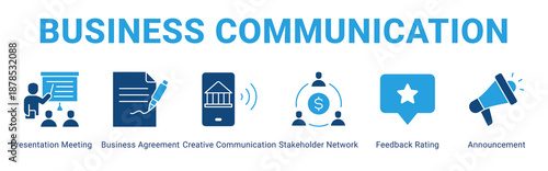 Business Communication web banner icon concept,  with Presentation Meeting, Business Agreement, Creative Communication, Stakeholder Network, Feedback Rating, Announc.