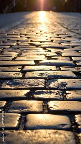 Cobblestone path gleams, bright sun fading into background