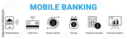 Mobile Banking web banner icon concept,  with Mobile Banking, Credit Card, Money Transfer, Savings, Payment Calculator, Financial Analyti.