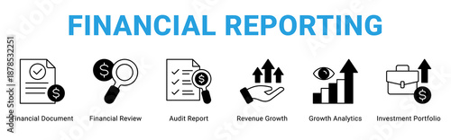 Financial Reporting web banner icon concept,  with Financial Document, Financial Review, Audit Report, Revenue Growth, Growth Analytics, Investment Portfol.